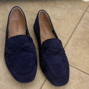 Cole Haan Navy Suede Loafers with Bow Accent